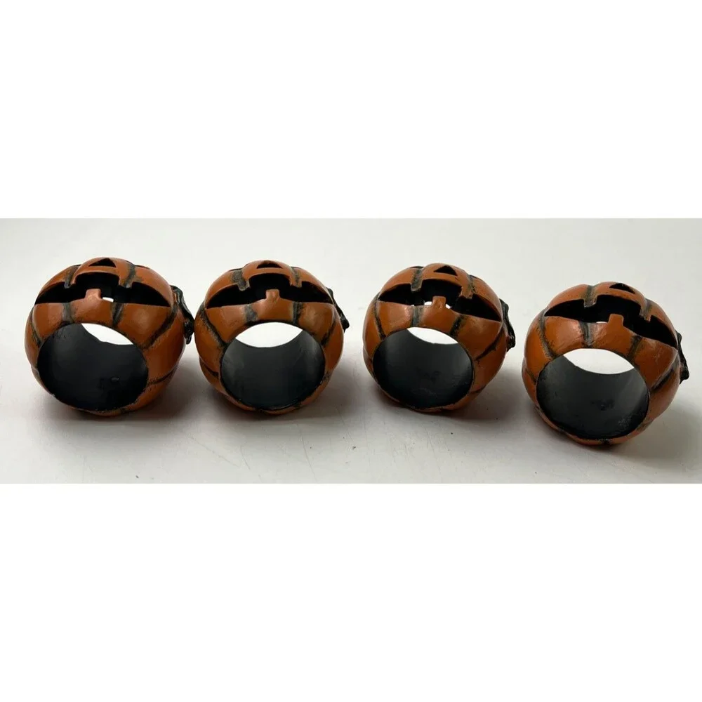 Ceramic Pumpkin Napkin Rings Set 4 Halloween Jack O Lantern Table Decor